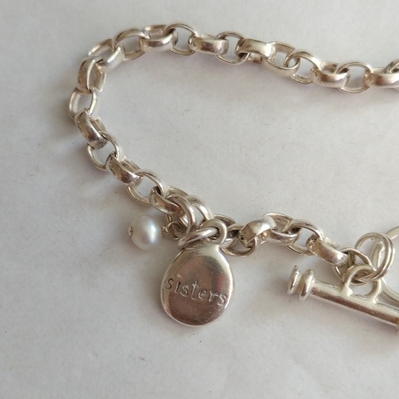 Sterling Silver Charm Sisters + Pearl Bracelet, 7.0" - Picture 4 of 7